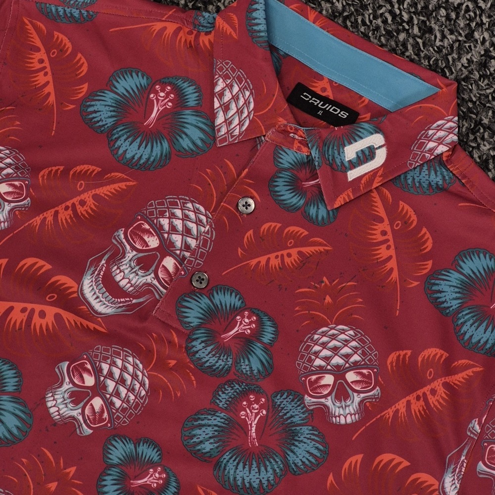 Druids Golf Polo Pineapple‎ Skull Men's XL Red Hawaiian Theme Performance